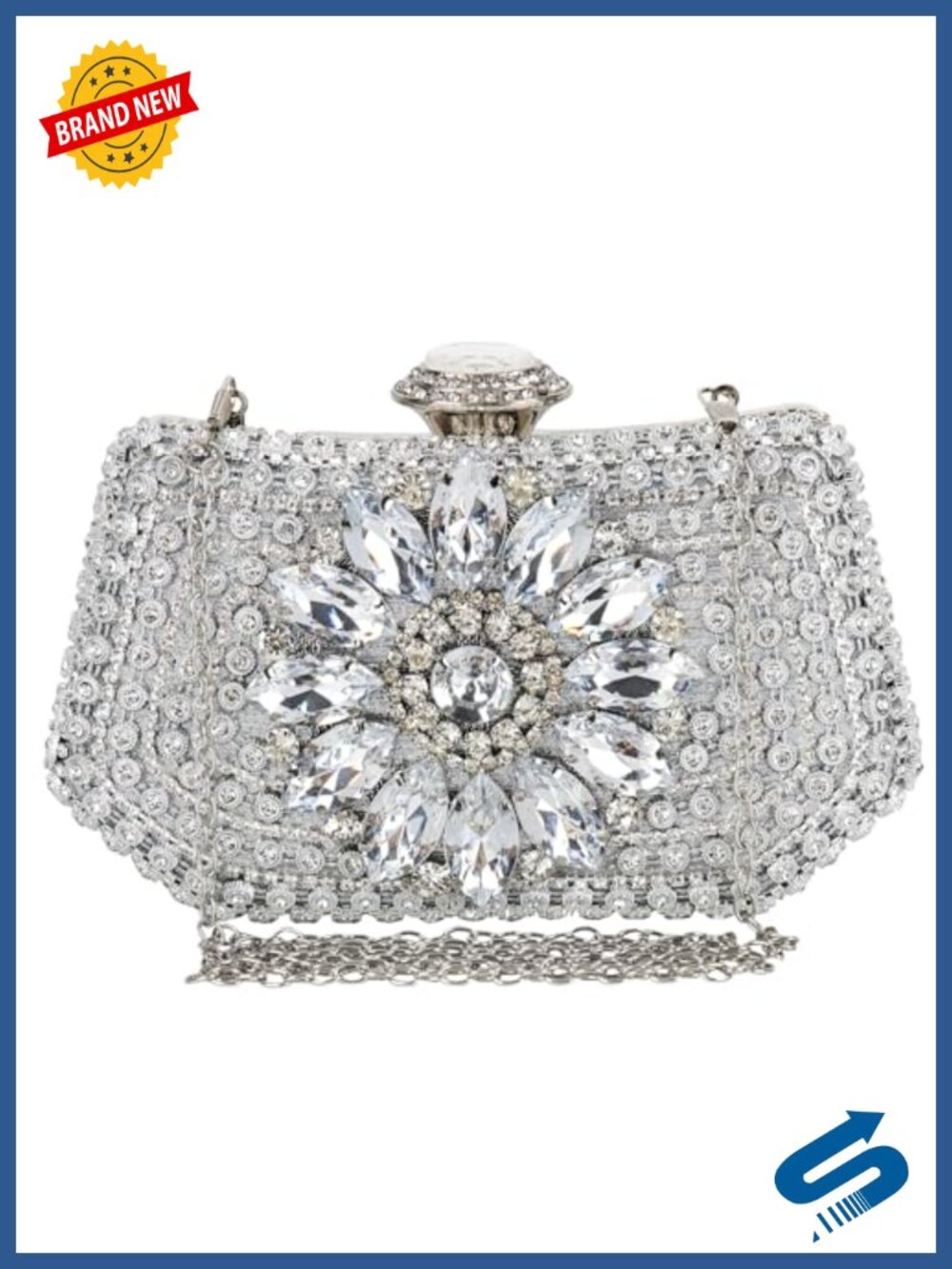 Rhinestone Satin Evening Clutch with Chain Women's Sparkly Shoulder Bag